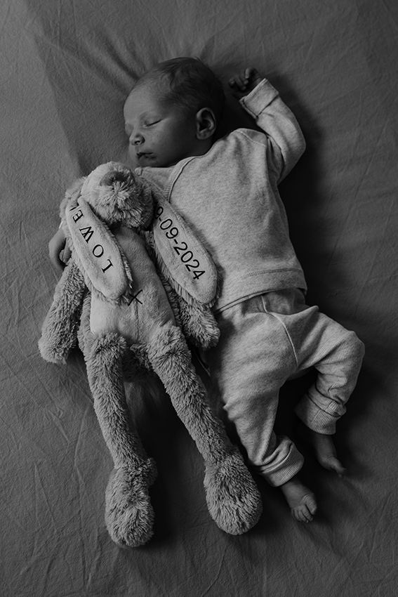 Foto van een newborn baby met zijn knuffel, moederschap en geboortefotografie